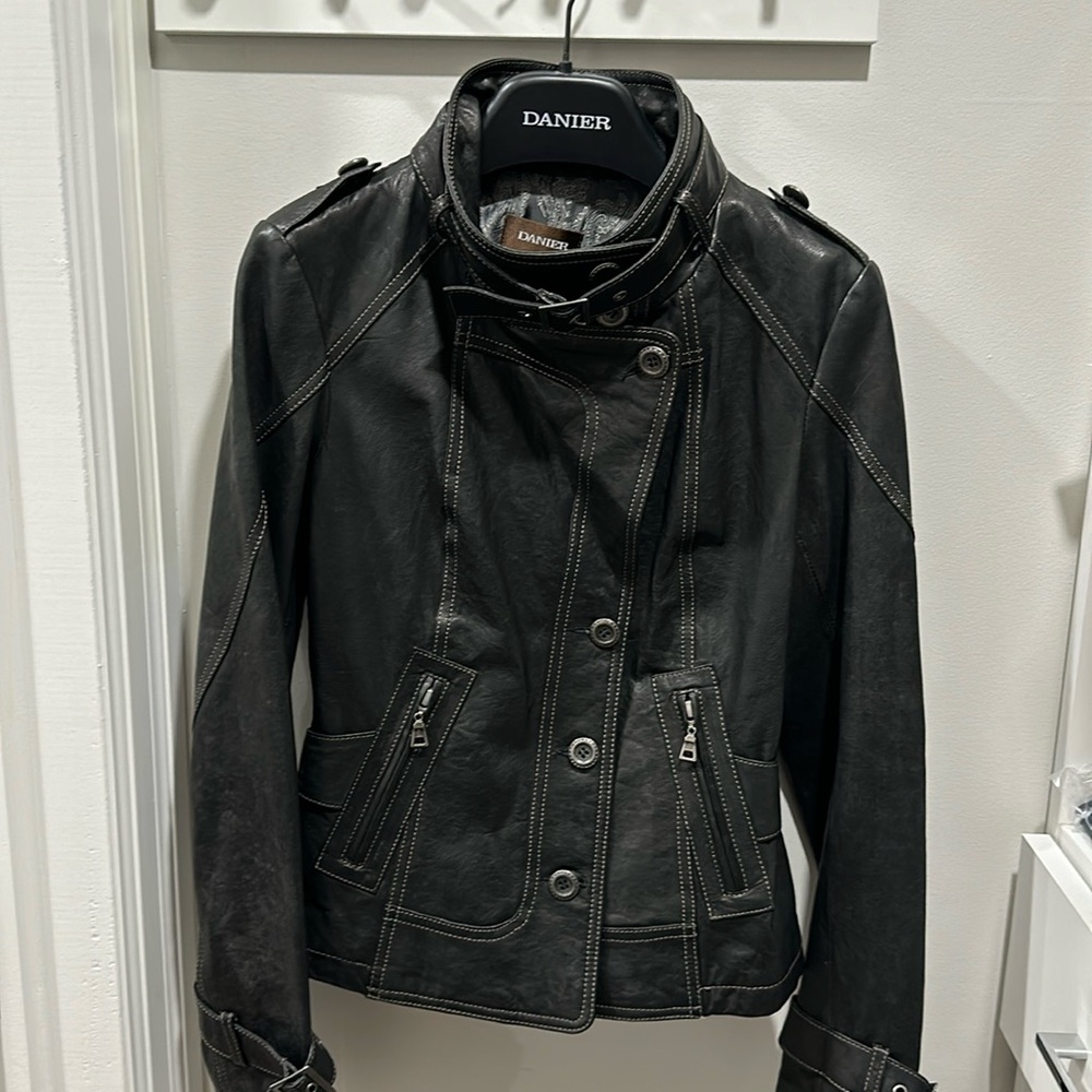 Never worn black military style leather jacket